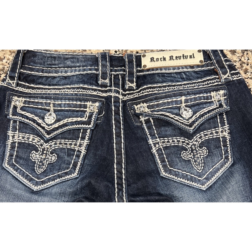 Rock Revival Shelly Boot Cut Dark Wash Jeans Flap Pocket Bling Women's 27x32
